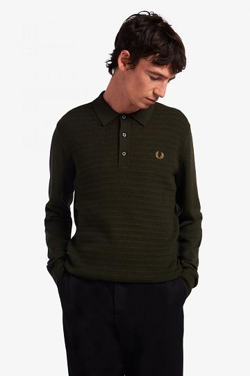 Green Fred Perry Chevron Textured Knitted Men's Shirts | PH 1487AHKP